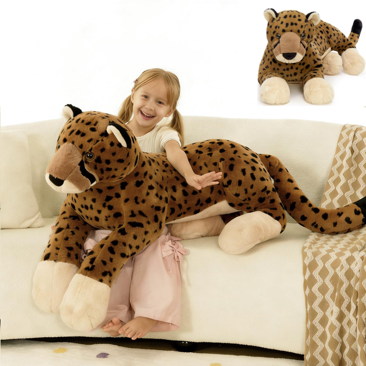 MaoGoLan large cheetah stuffed animal front view for cuddle and décor.