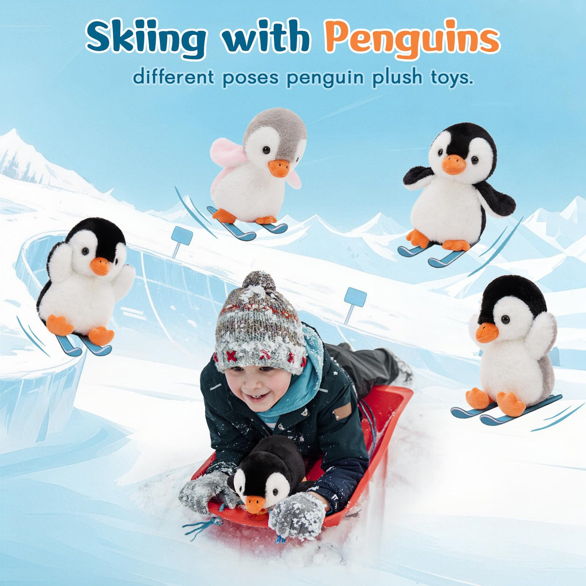 MaoGoLan penguin plush on stair rail with faux snow enhances festive decor.