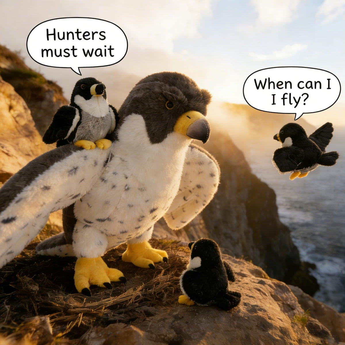 MaoGoLan Peregrine falcon chick with wings spread to boost storytelling and nurturing play