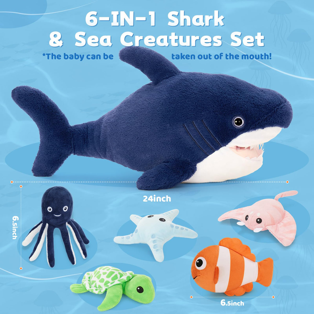 MaoGoLan sea collection display with seven plush animals