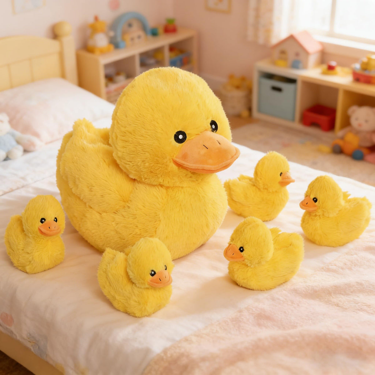 Six-piece duck plush set ideal for Easter decor and birthday gifts.