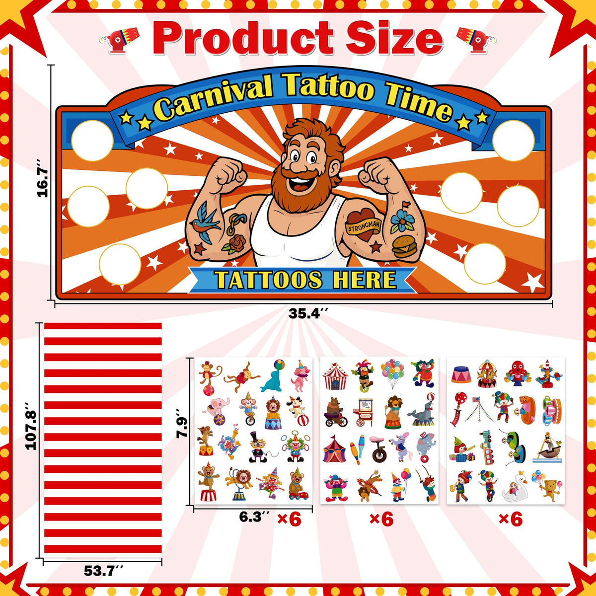 Maqiauly red-white-striped-tablecloth creates a classic carnival backdrop.