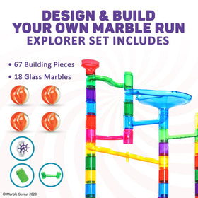 Marble Genius 18 glass marbles highlight colorful, tactile marble runs