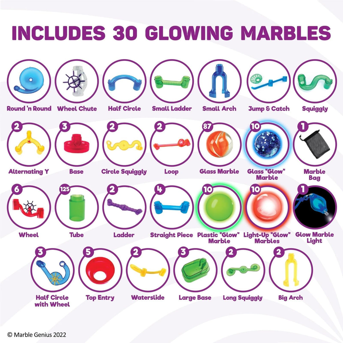 Marble Genius glow-in-dark marble track creates mesmerizing glow effects.