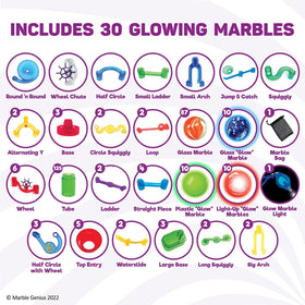 Marble Genius glow-in-dark marble track creates mesmerizing glow effects.