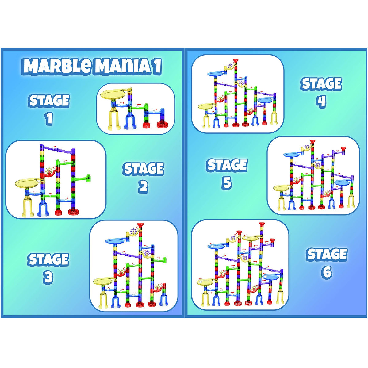 Marble Mania Four Build Patterns guide for structured play