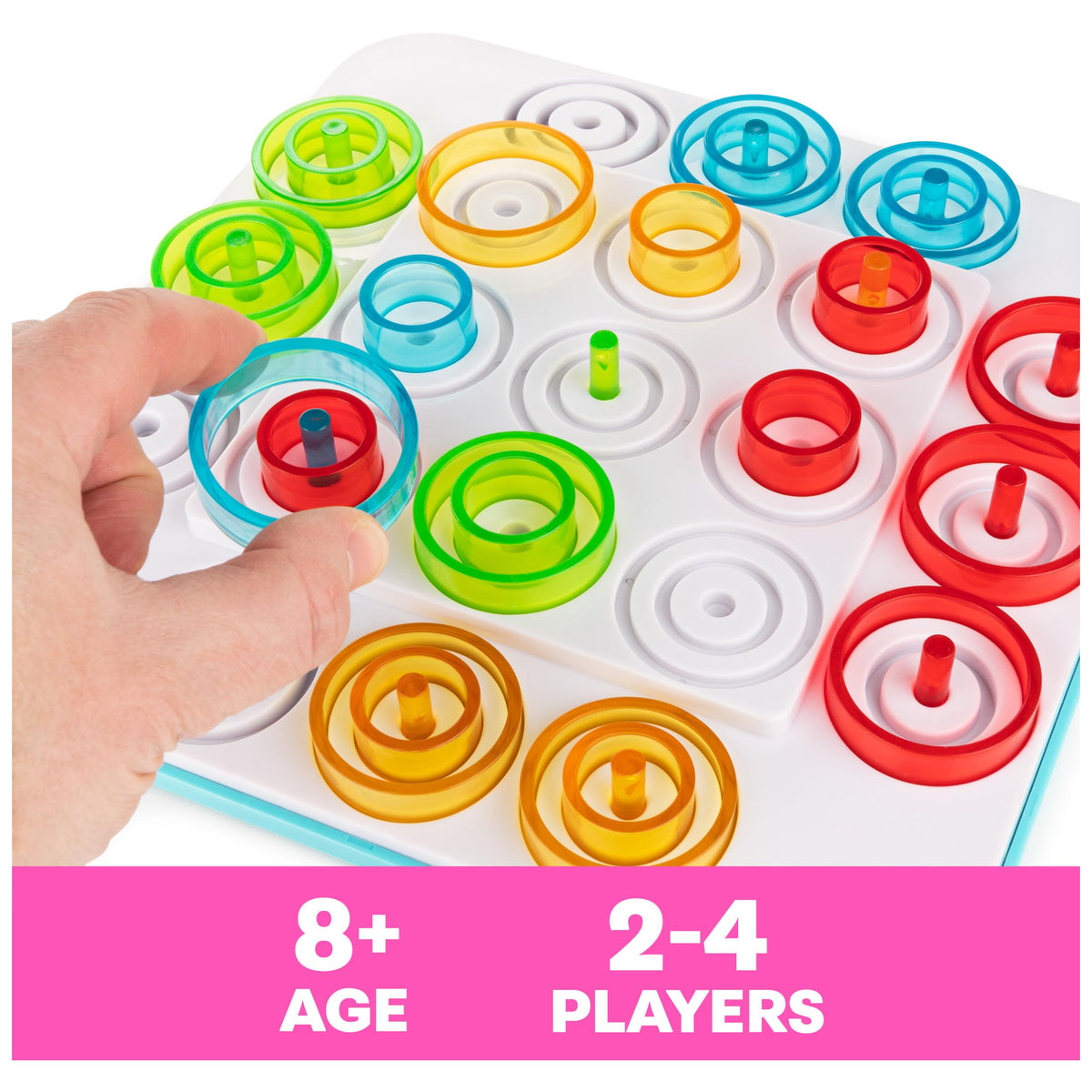 Marbles Otrio colorful playing pieces arranged by size.