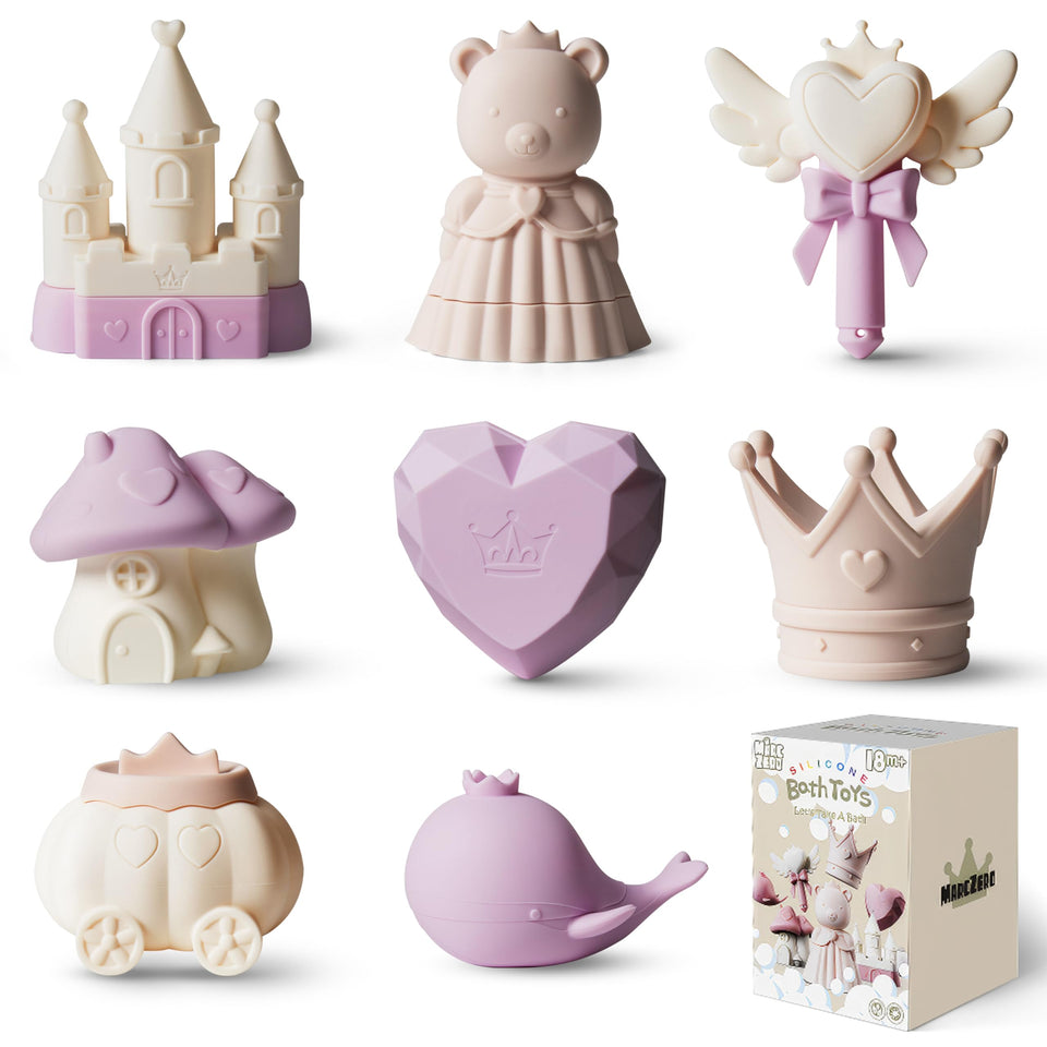 MarcZero Princess silicone bath toys eight-piece set in purple for safe, engaging tub play