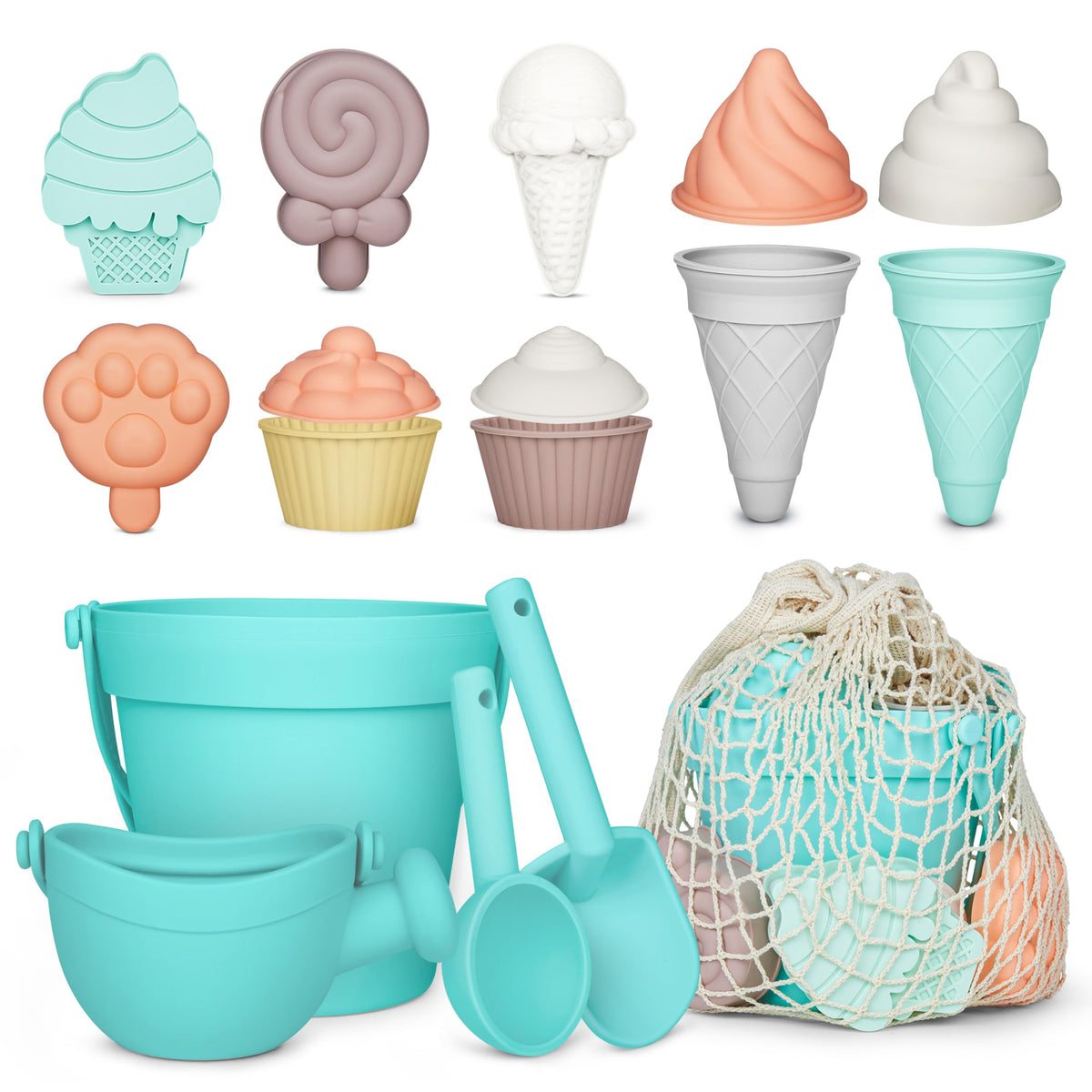 MarcZero silicone beach toy bucket in mint green for seaside play and easy storage.