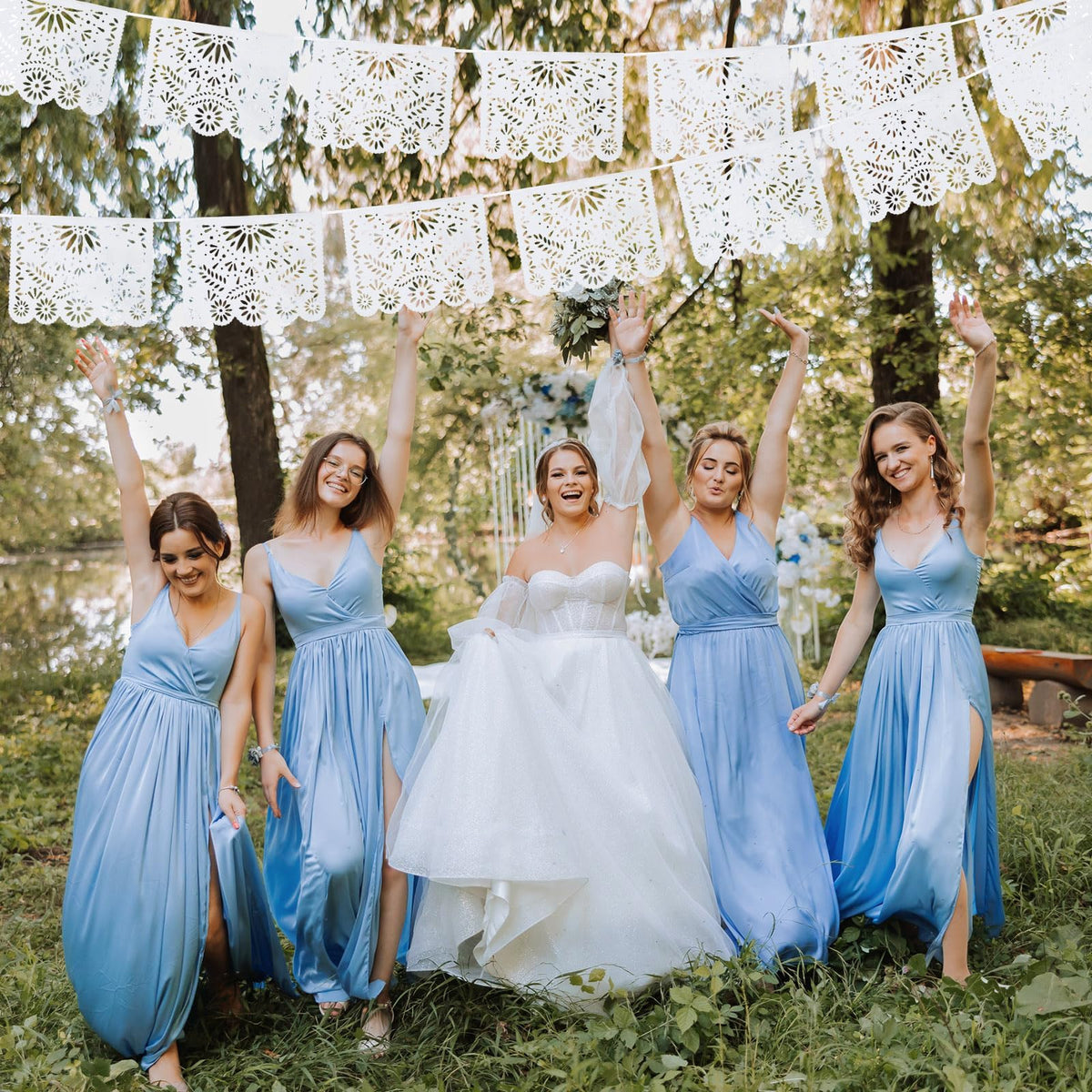 MARFOREVER white papel picado banners hanging on walls, trees, or ceilings.