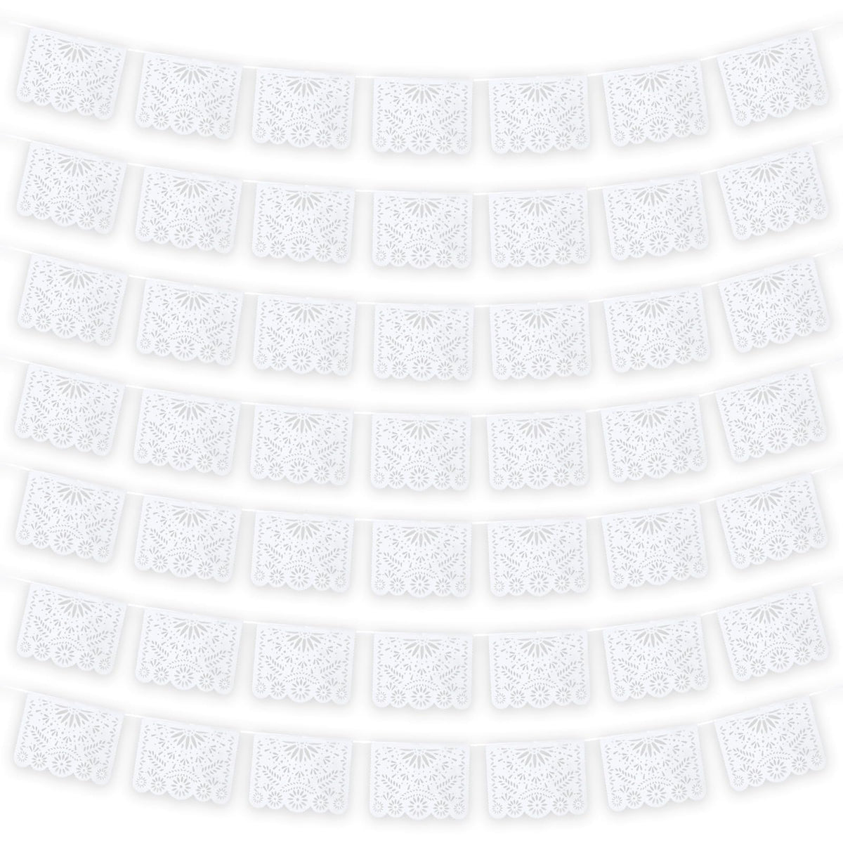 MARFOREVER white papel picado banner strand ready for outdoor Cinco de Mayo celebrations.