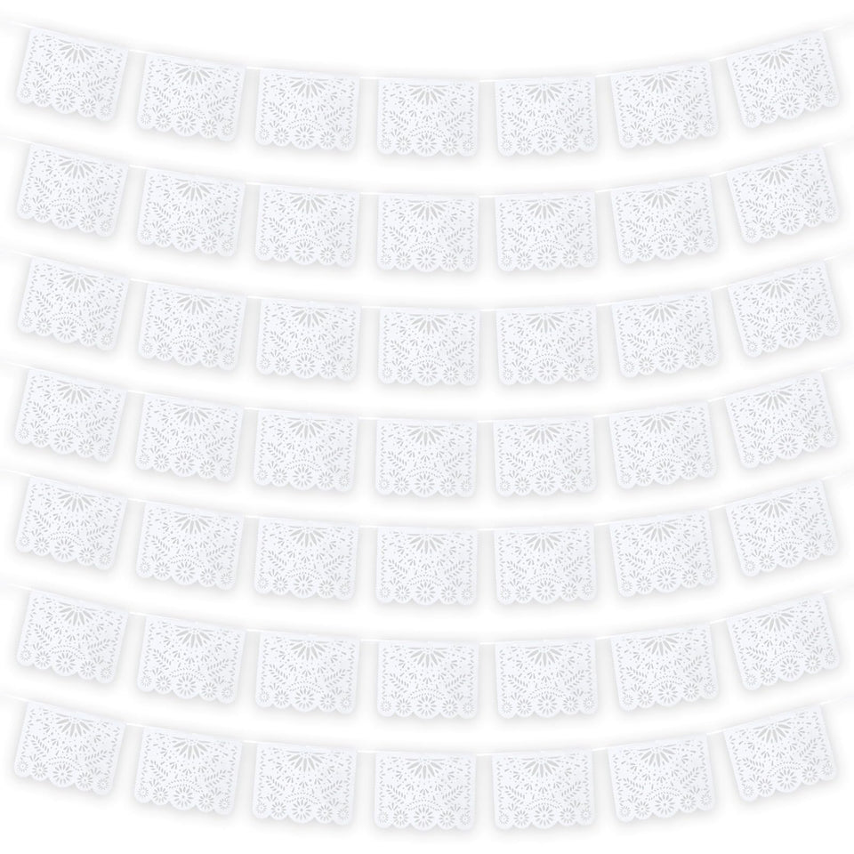 MARFOREVER white papel picado banner strand ready for outdoor Cinco de Mayo celebrations.