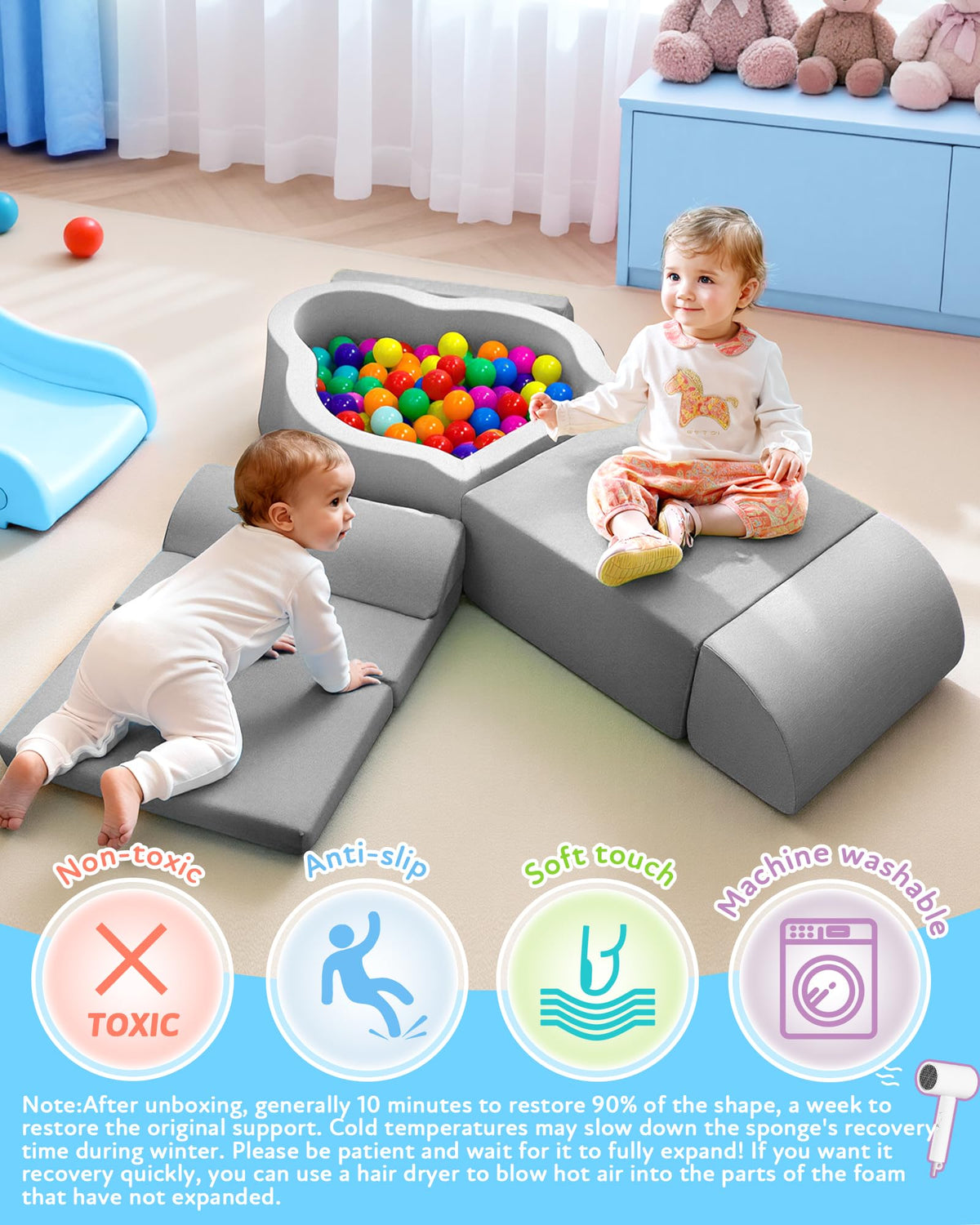 Markdang Soft Play Set high-density foam provides soft, supportive play for toddlers.