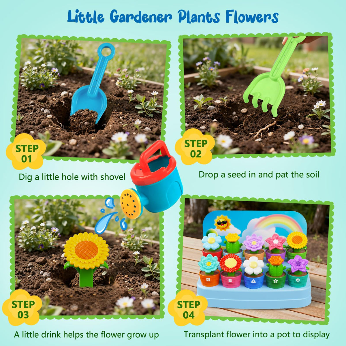 marlrin garden tools rake and shovel in action during kid-friendly pretend gardening