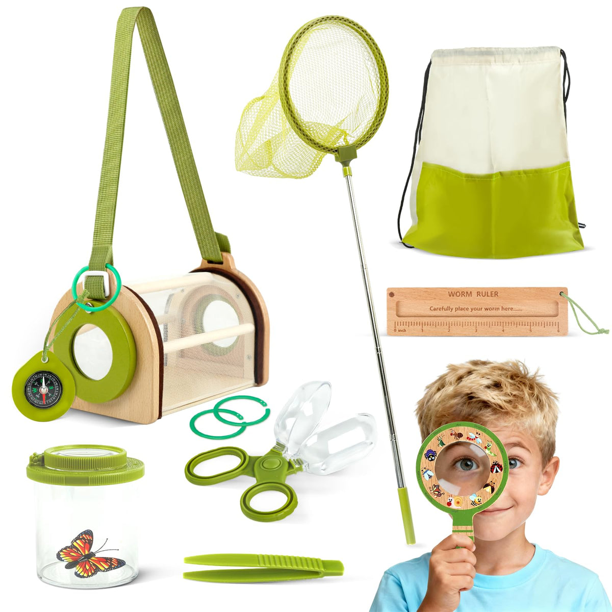 Marlrin wooden bug catcher kit with extended butterfly net for outdoor exploration.