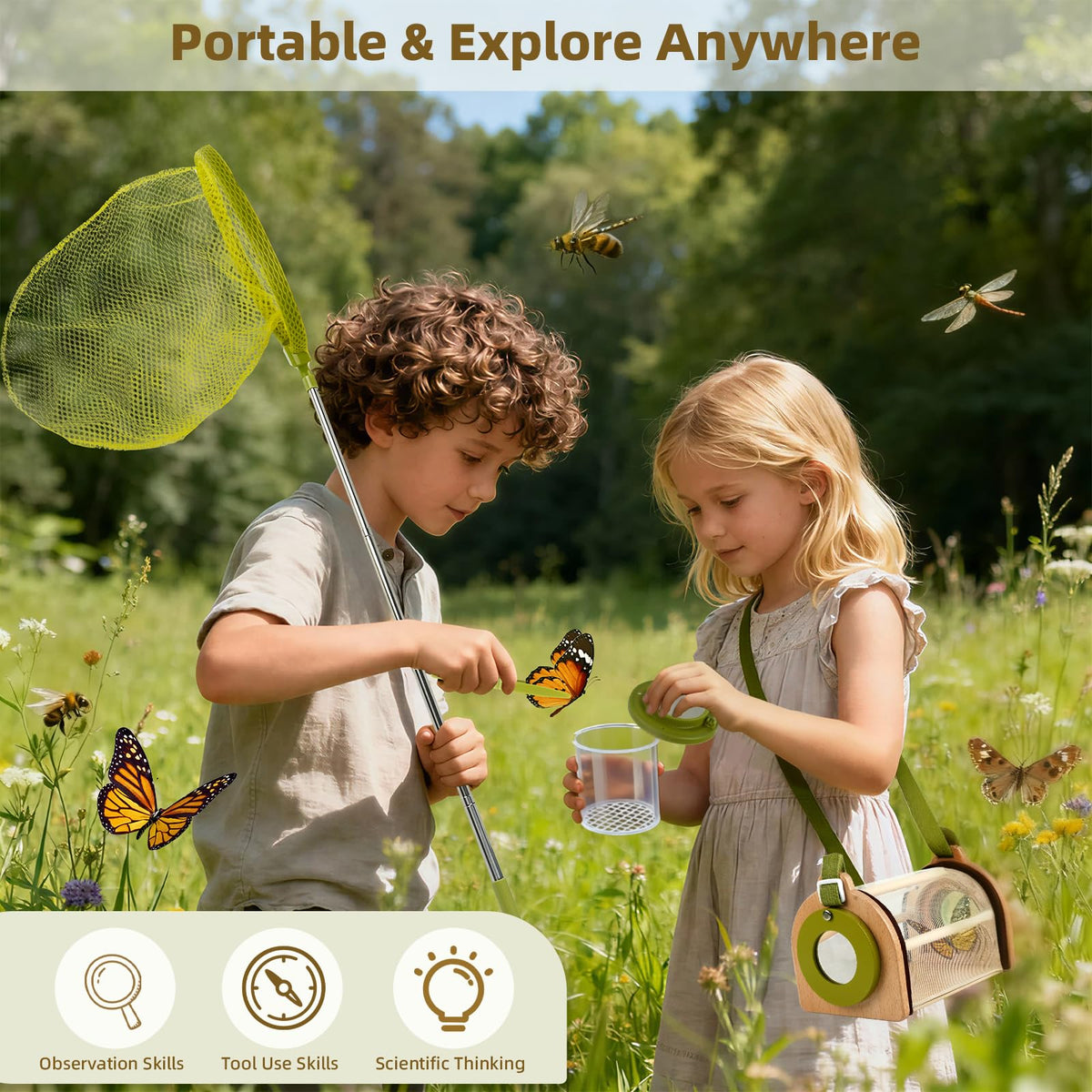 Marlrin wooden bug catcher kit tweezers and clamp for careful handling.