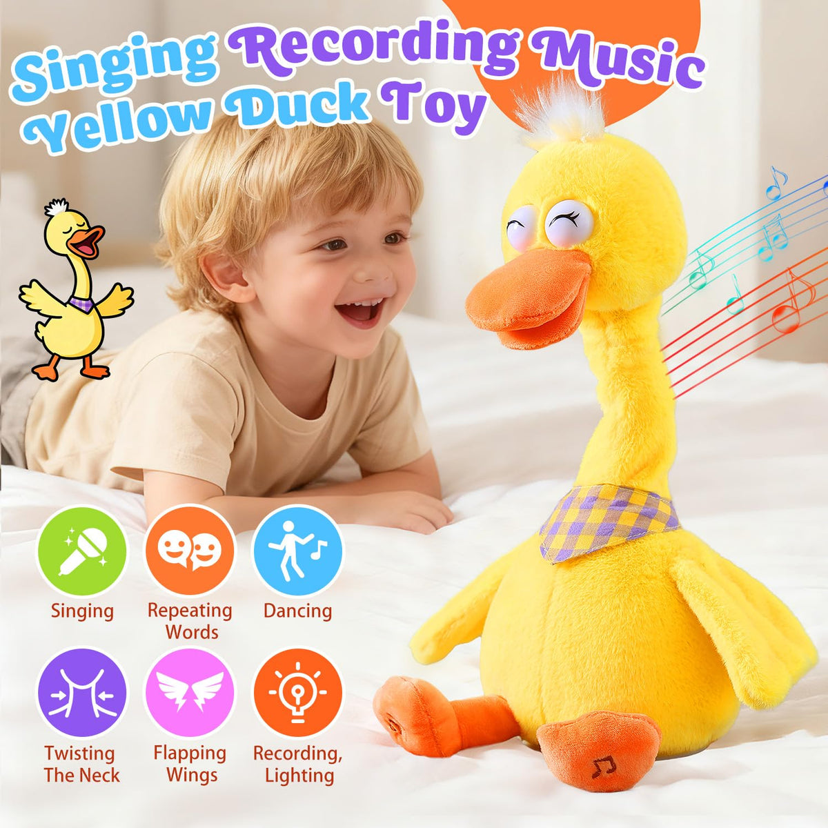 Marsjoy duck sings with LED lights to captivate youngsters during play.