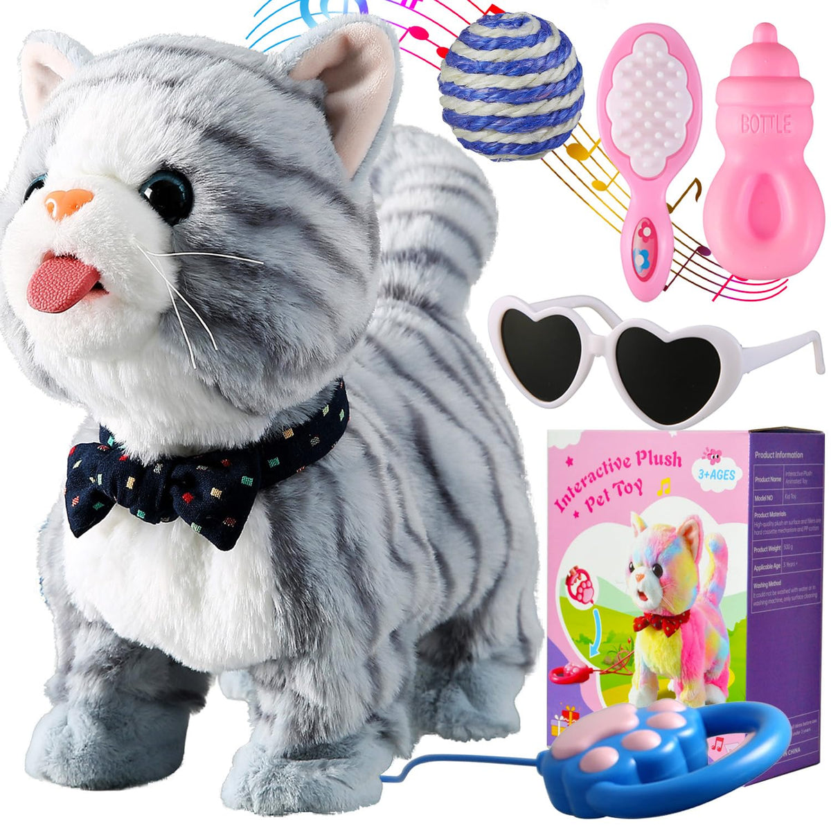 Marsjoy Gray Walking Cat Toy closeup shows plush fur and interactive eyes for joyful play
