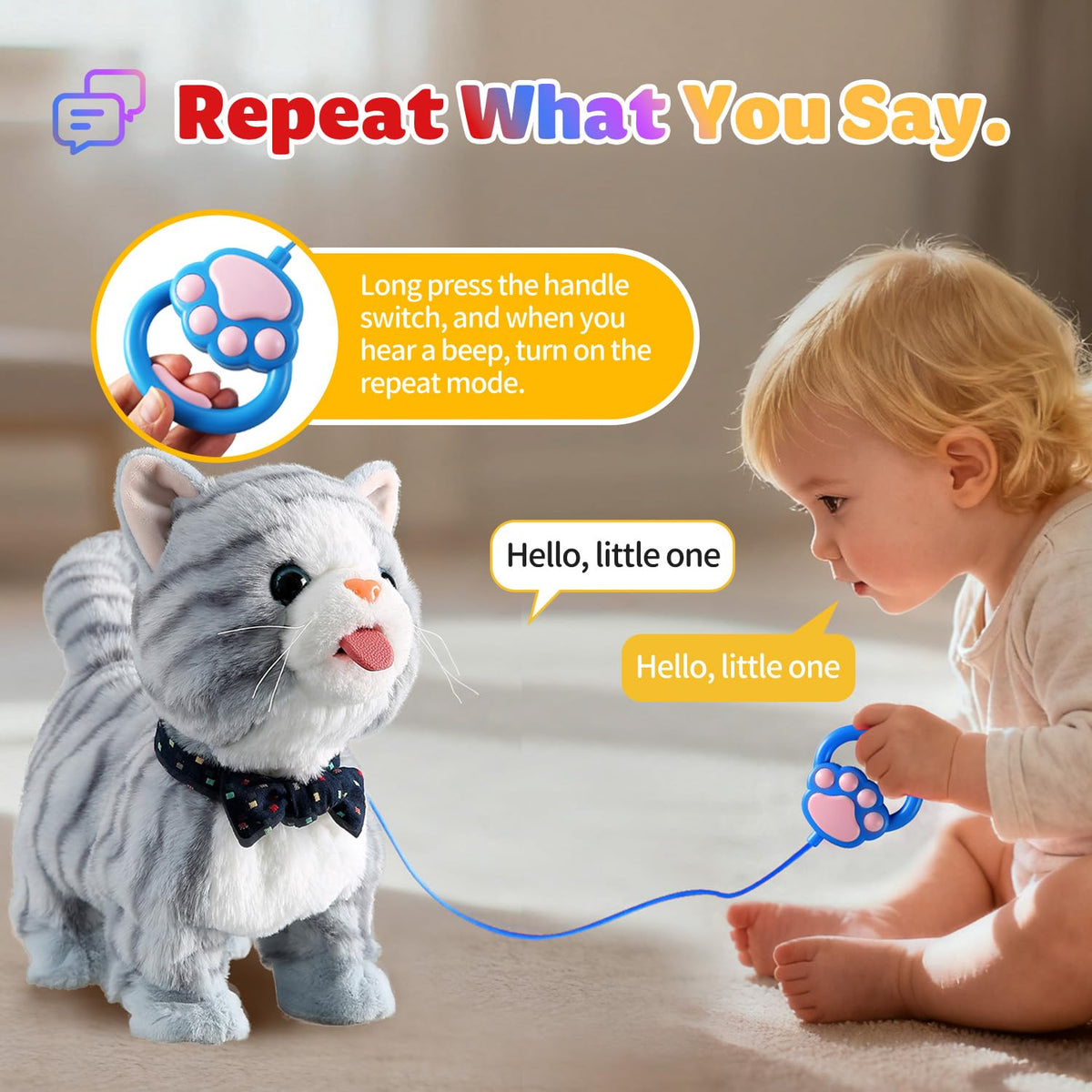 Marsjoy Gray Walking Cat Toy meowing-singing scene entertains toddlers with sounds