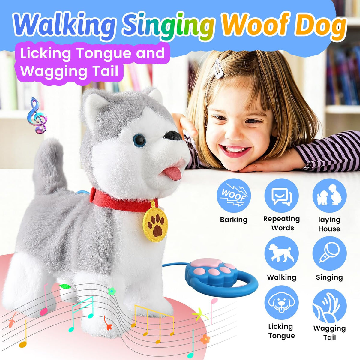 Marsjoy Husky barking dog toy delivers realistic sounds for imaginative play.