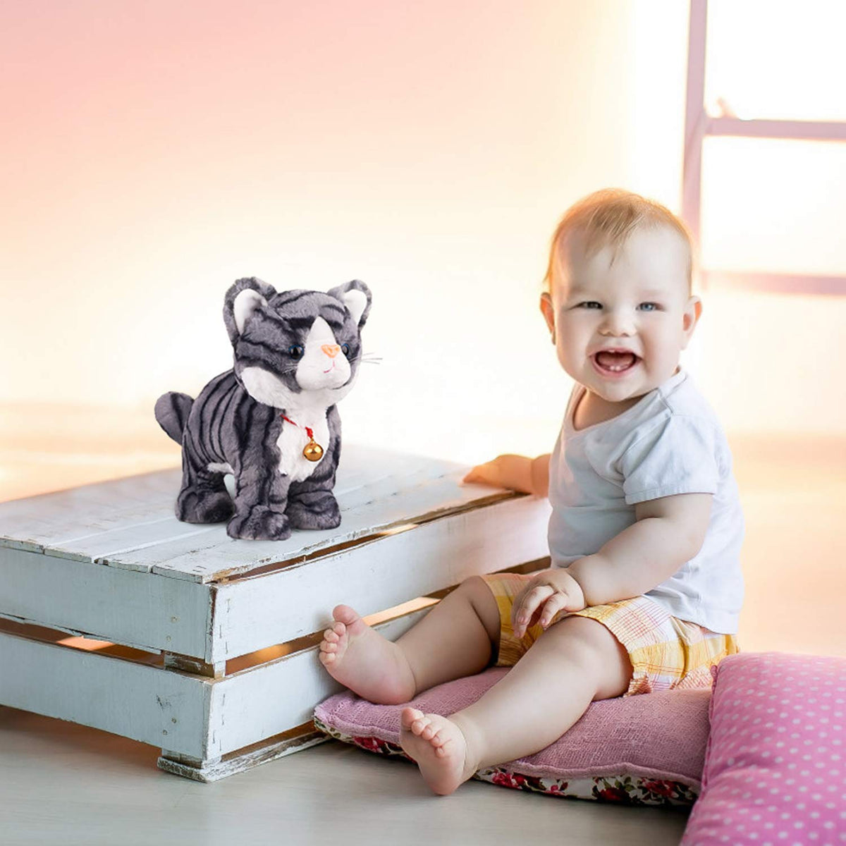 Marsjoy Pattern Gray Robot Cat Plush close-up fabric, non-toxic and soft.