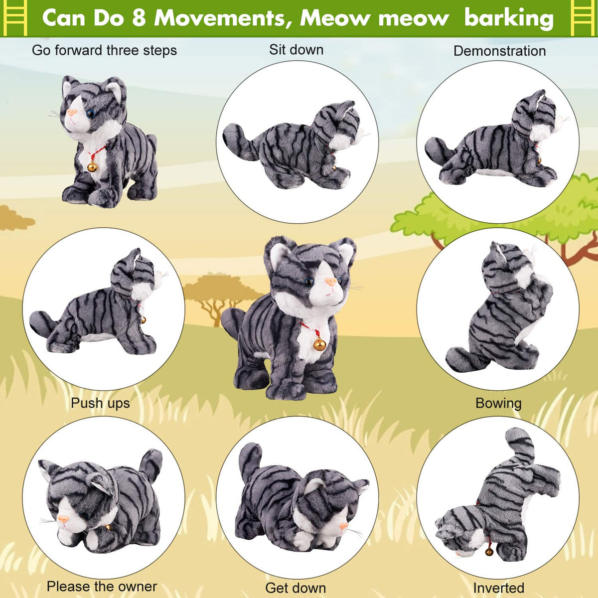 Marsjoy Pattern Gray Robot Cat Plush side view, interactive touch control toy.
