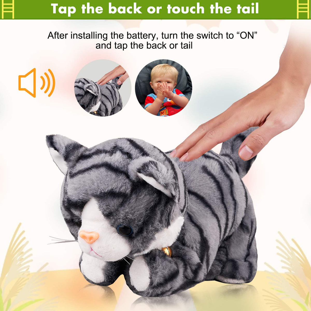 Marsjoy Pattern Gray Robot Cat Plush tumbling move demonstration for lively play.