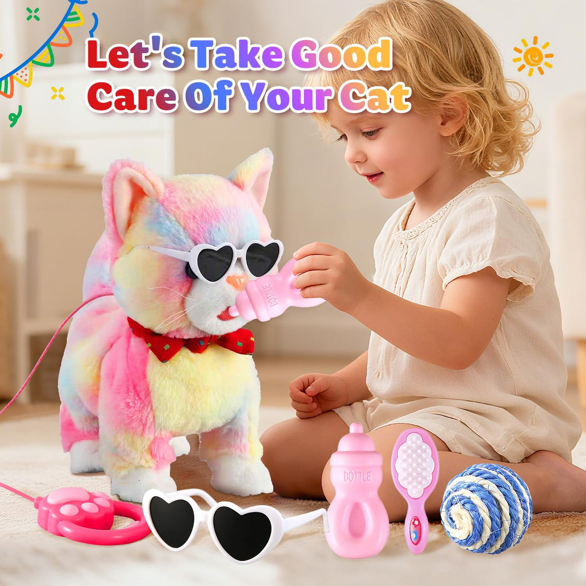 Marsjoy Rainbow Walking Cat Toy side view highlighting motion and accessories
