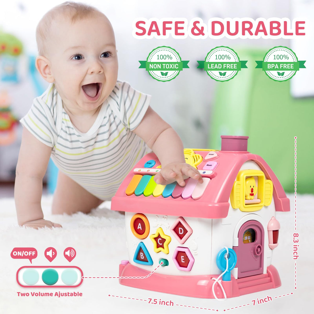 Marstone 8-in-1 musical learning house animal window encourages shape and color recognition.