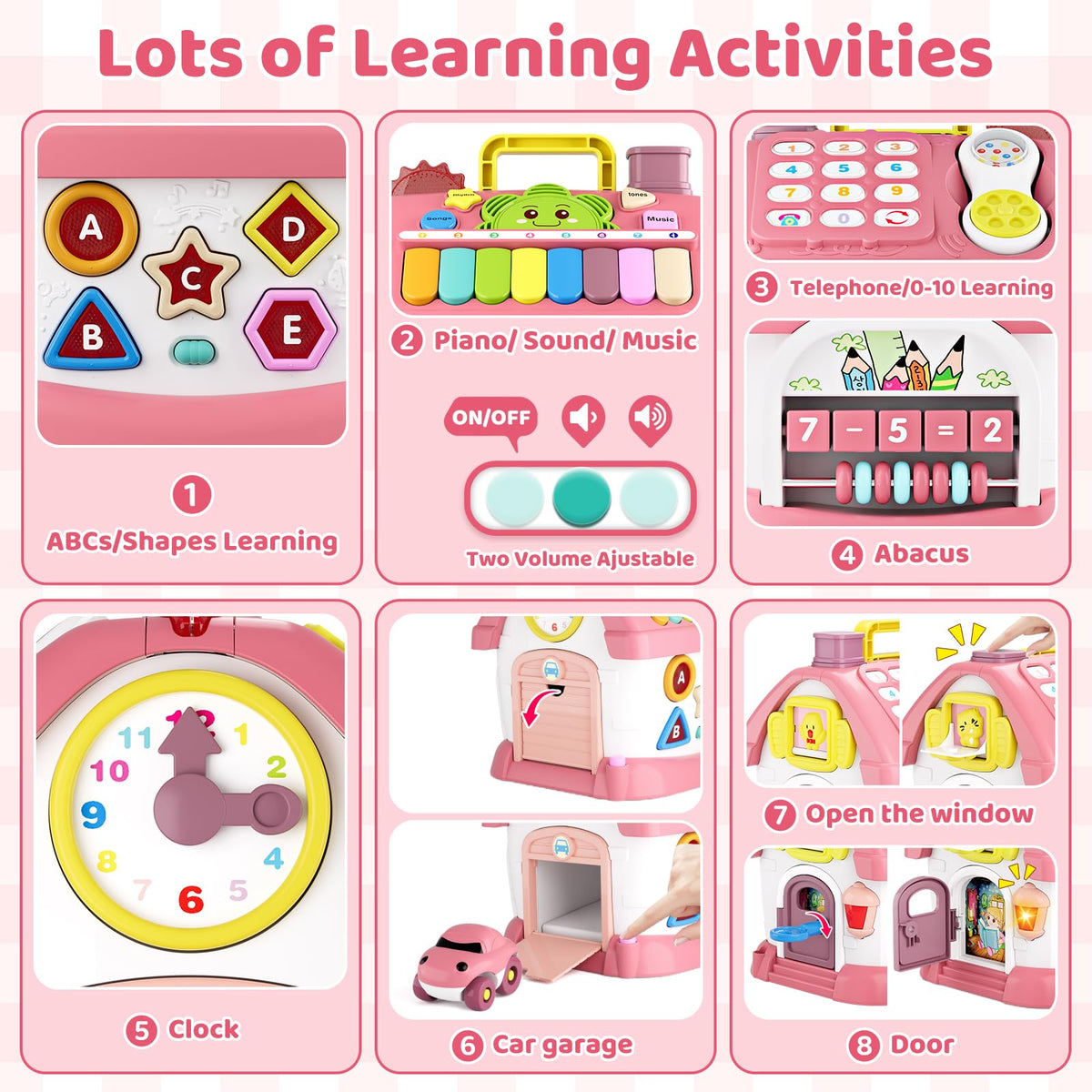 Marstone 8-in-1 musical learning house doors engage fine motor skills during pretend play.
