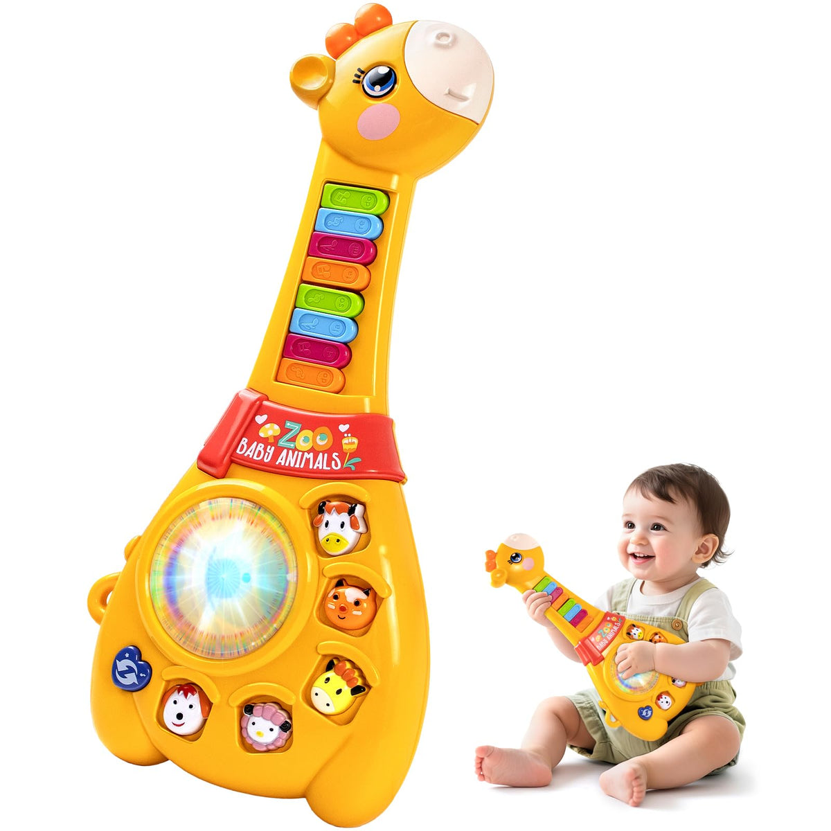 Marstone Baby Giraffe Guitar Keys light up for exploration and motor practice.