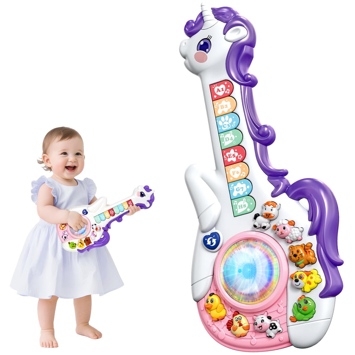 Marstone baby musical unicorn toy with colorful lights for engaging early sensory play.