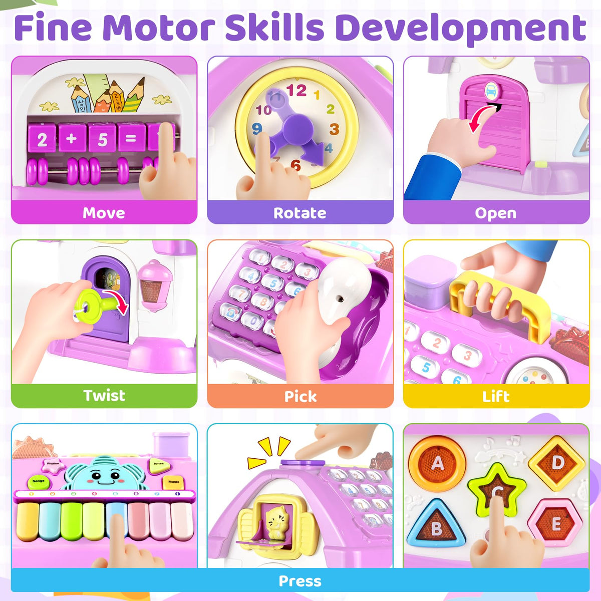 Marstone doorbell and door scene promotes storytelling and fine motor practice.
