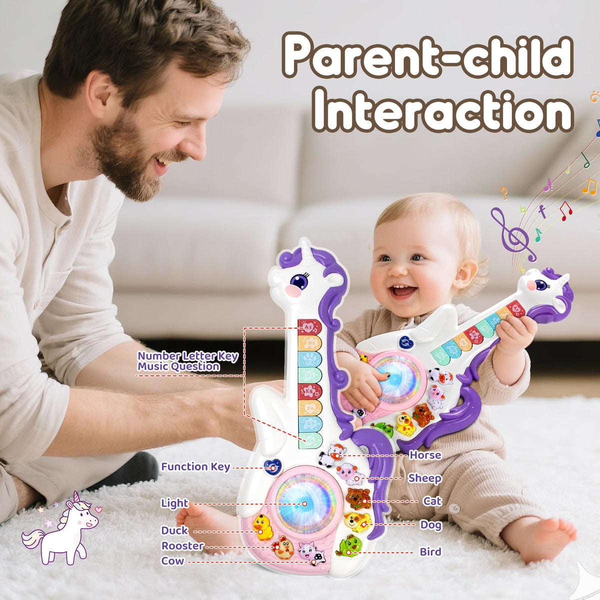 Marstone educational cartoon guitar invites toddlers to learn letters and numbers through music.