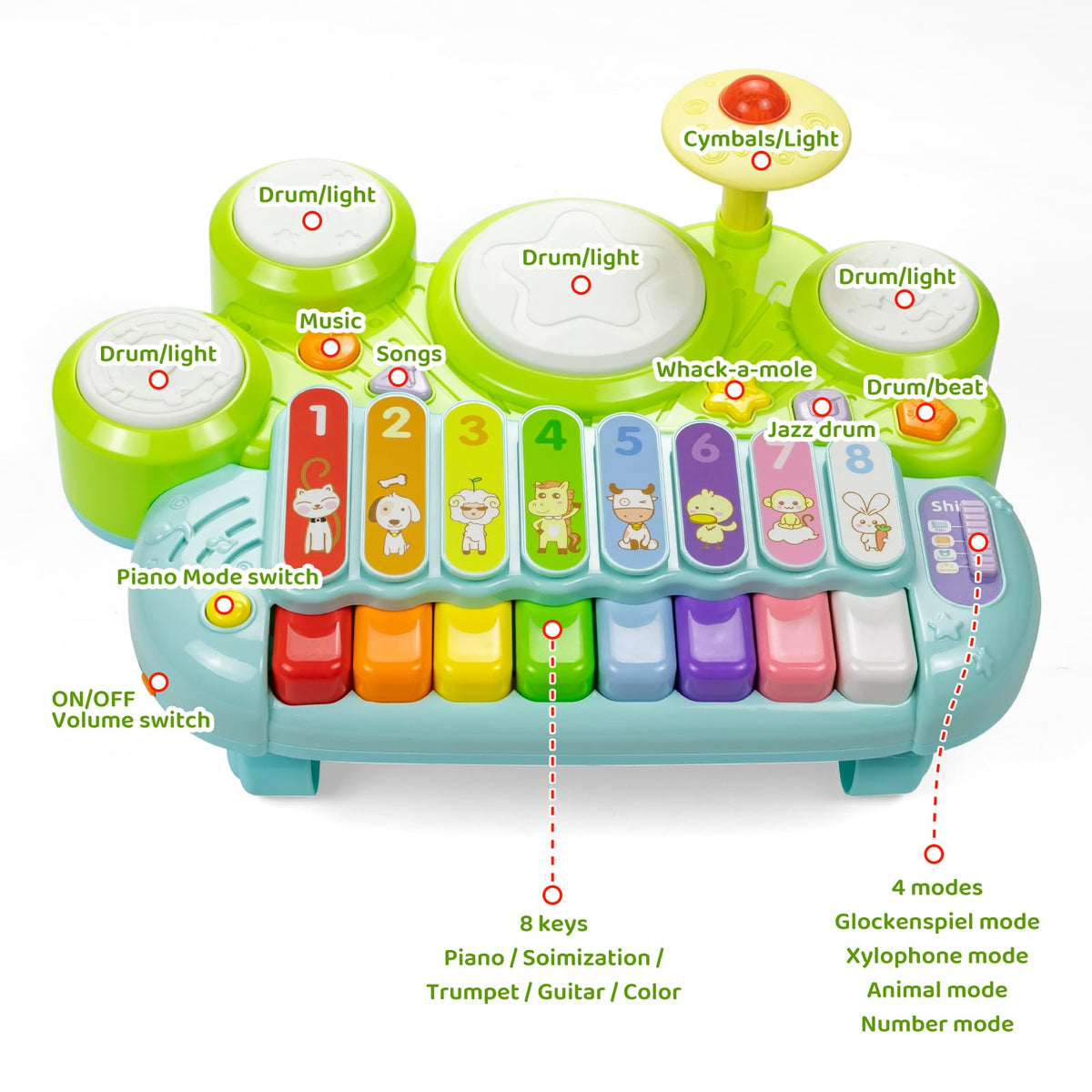 Marstone electronic xylophone modes showing animal sounds and color tones