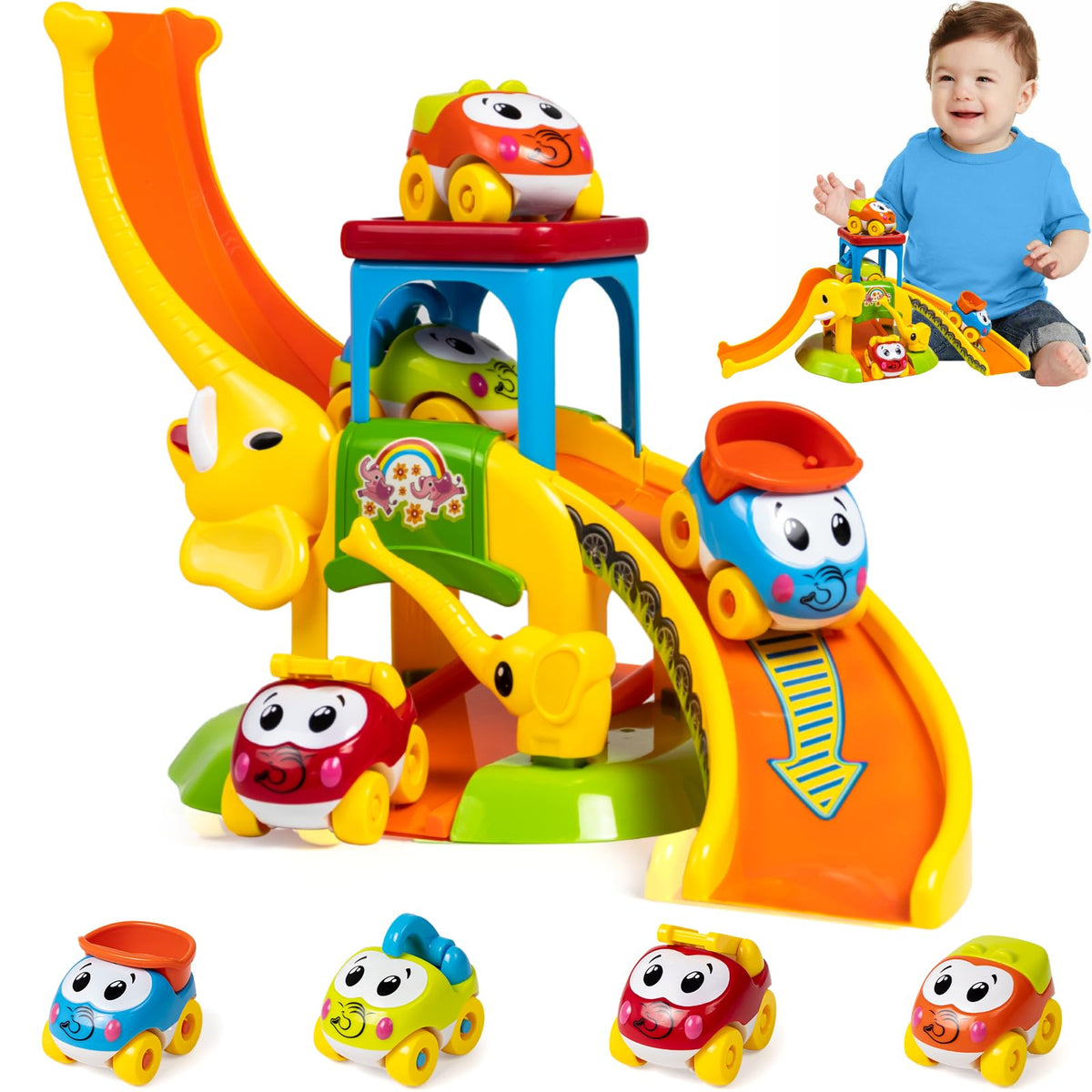 Marstone elephant slide with baby push cars for early coordination