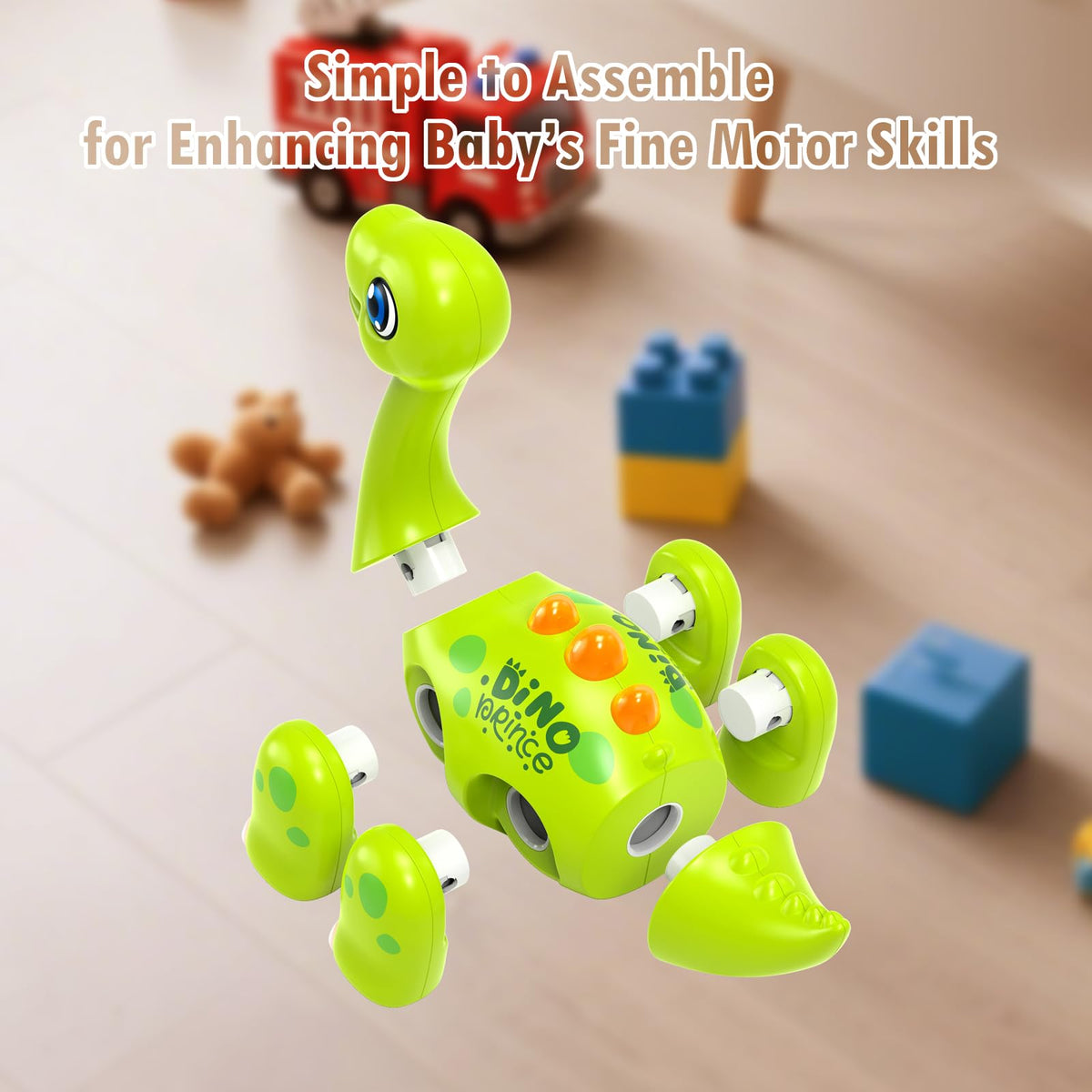 Marstone color-match dinosaur toy promotes fine motor skills and color recognition.