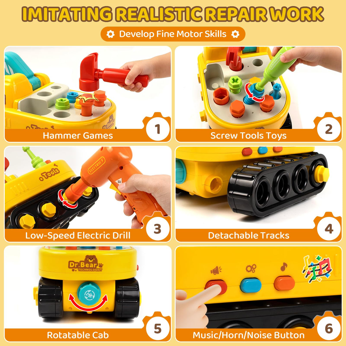 Marstone Toddler Excavator Electric Drill in action for pretend tool use.