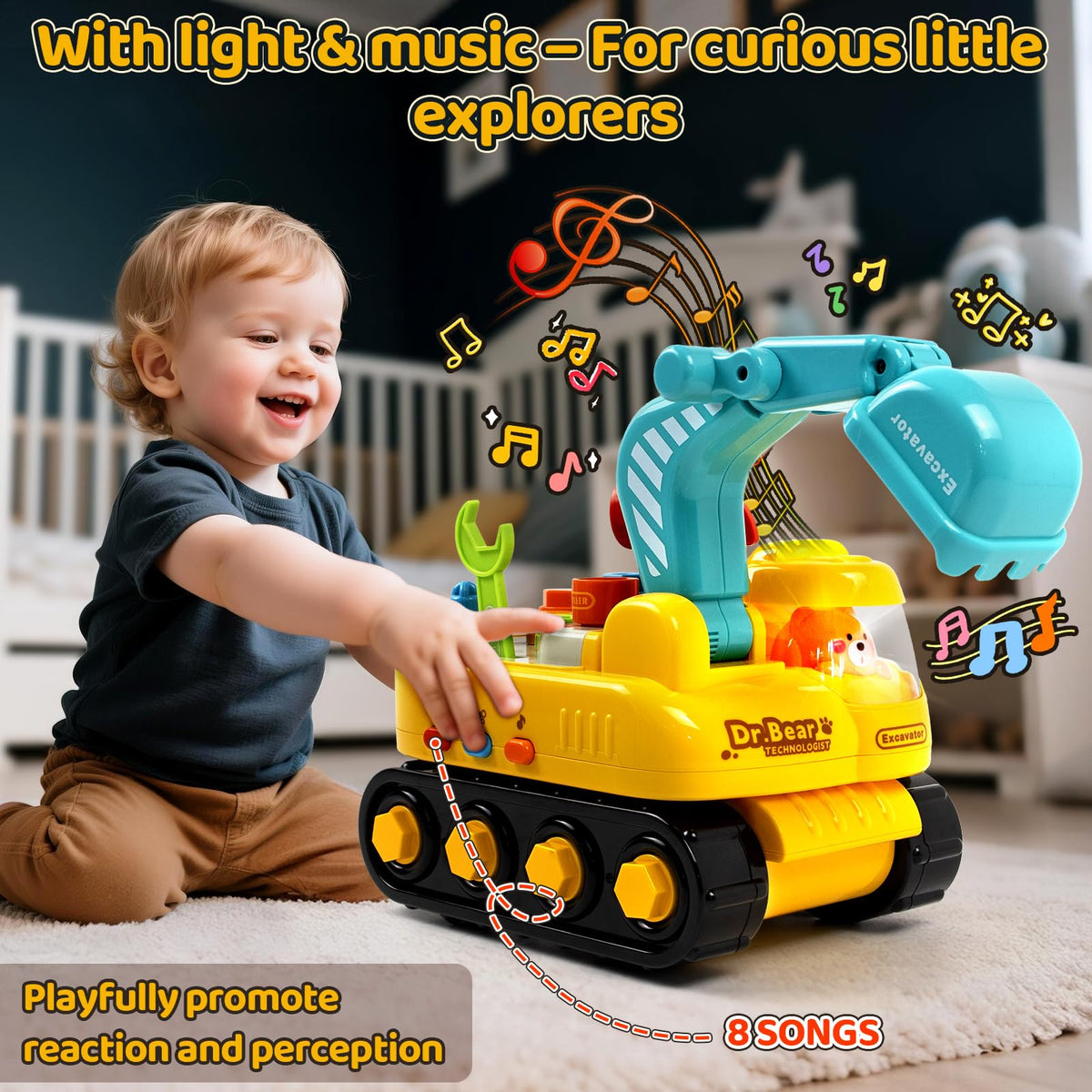 Marstone Toddler Excavator Lights and Sounds with colorful cues for sensory engagement.