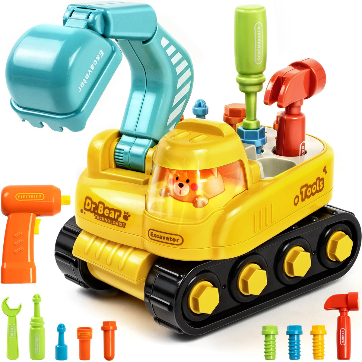 Marstone Toddler Excavator Take Apart toy showing hands-on play for fine motor skills.