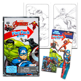 Marvel Avengers grab-n-go play packs with coloring pages and stickers.