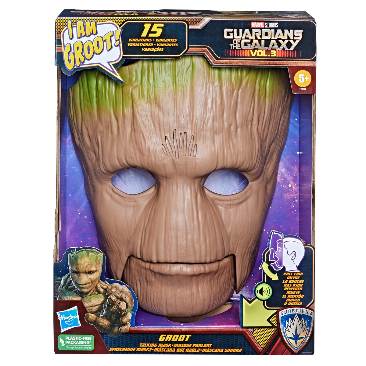 Marvel Groot mask worn as a dress-up accessory for imaginative space adventures.
