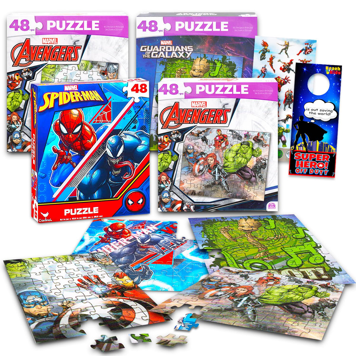 Marvel Heroes Premier Puzzles Set with four 48-piece puzzles featuring Iron Man and Spiderman
