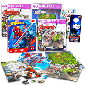 Marvel Heroes Premier Puzzles Set with four 48-piece puzzles featuring Iron Man and Spiderman