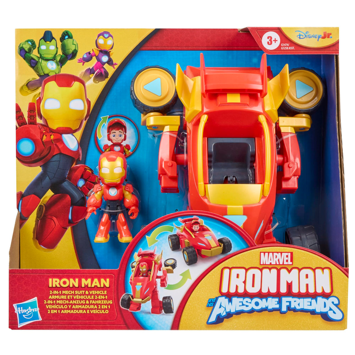 Marvel Iron Man figure inside car supports imaginative storytelling during quick mode changes.