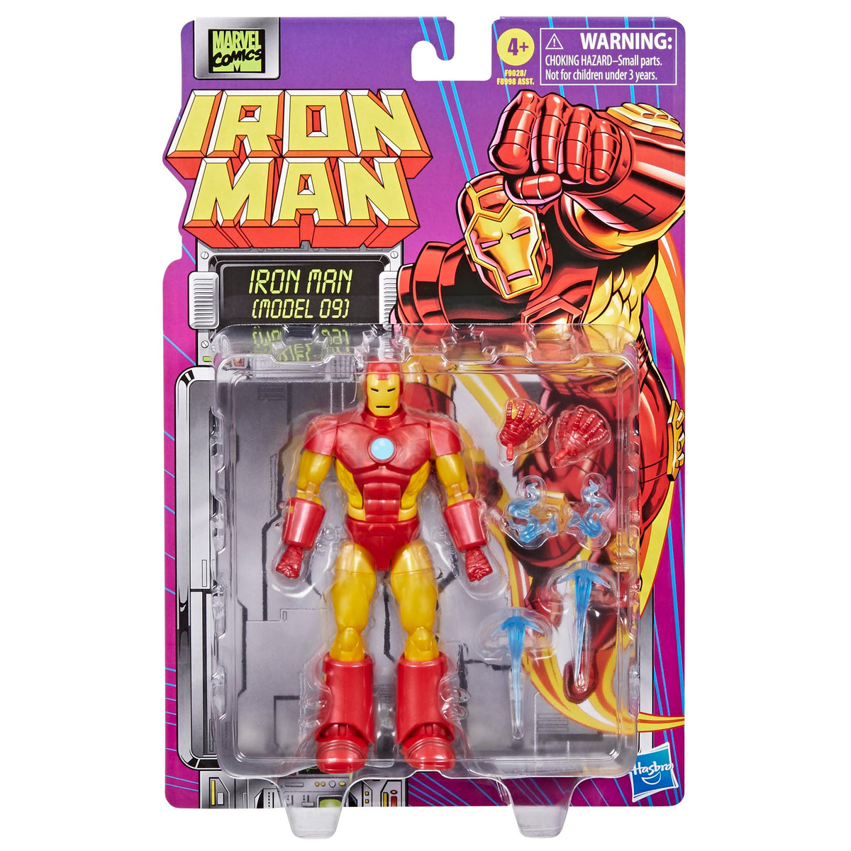 Marvel Legends Iron Man Model 09 side view beside retro blister card packaging