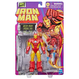 Marvel Legends Iron Man Model 09 side view beside retro blister card packaging