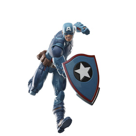 Marvel Legends Captain America figure close-up highlights classic blue costume details.