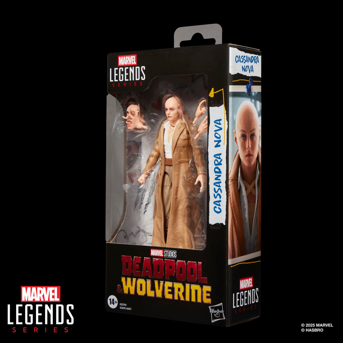 Display-ready Marvel Legends Cassandra Nova figure on shelf