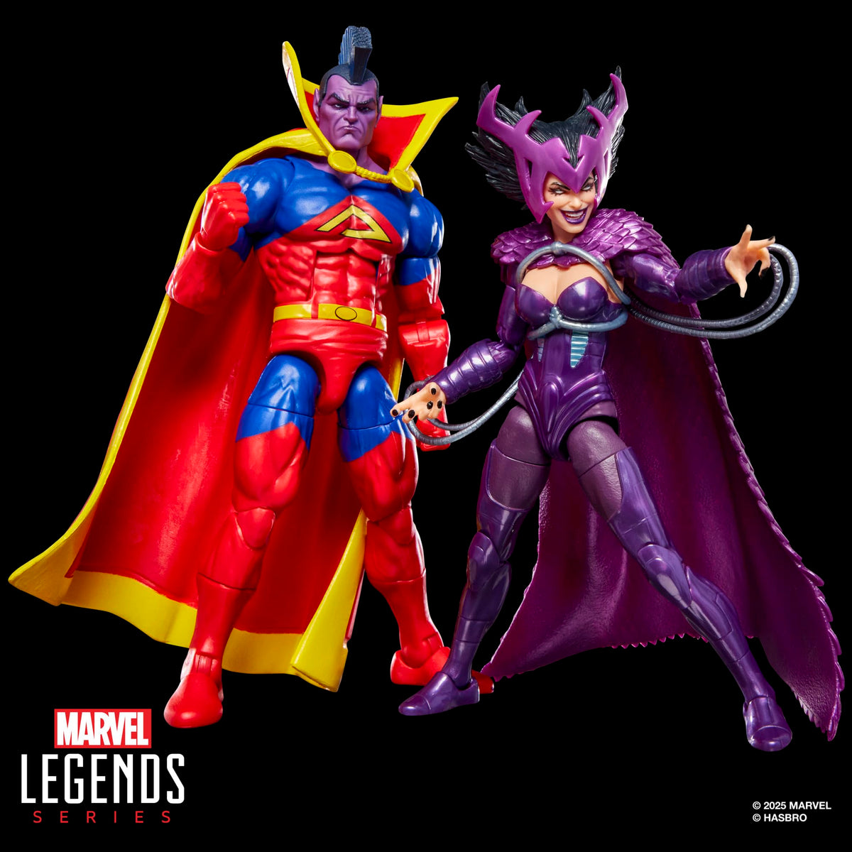 Dynamic posing options with Marvel Legends Deathbird & Gladiator two-pack on display.